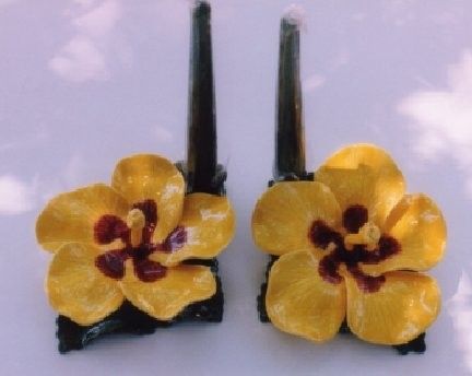 Custom Made Large Hibiscus Flower Candle Holders - Yellow + Maroon + Green