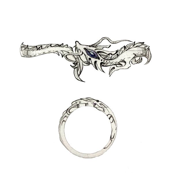 This white gold ring brings the dragon theme to life with a violet-blue tanzanite placed atop the beast’s head.