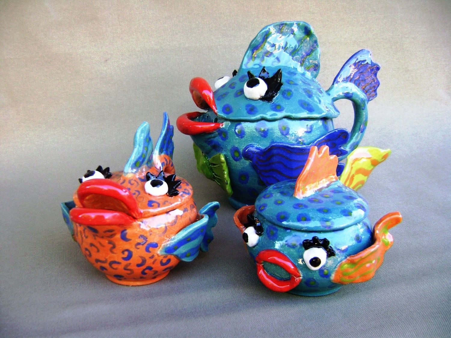 Custom Made Fish Lips Ceramic Tea Set, Tea Pot, Sugar And Creamer With