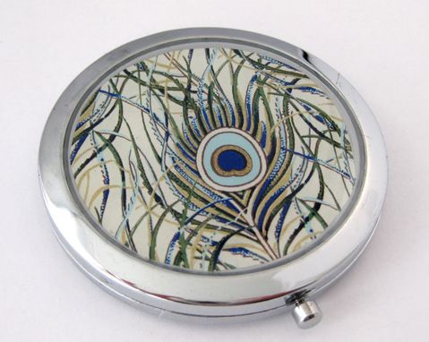 Custom Made Double-Sided Compact Mirror With Peacock Feathers Design