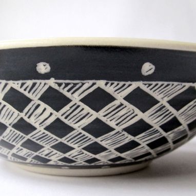 Custom Made Handmade Stoneware Bowl With Checkered Black And White Pattern