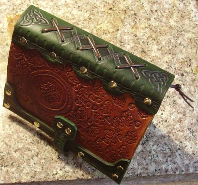 Custom Made Handcrafted Antiqued Green & Brown Leather Blank Book With Oak Leaf Tooling