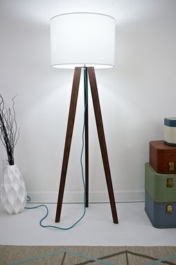 Custom Made Solid Walnut Mid Century Modern Tripod Floor Lamp With Teal Cord