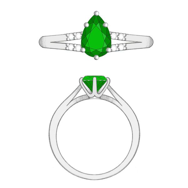 A split shank band and cathedral setting add drama to this pear cut emerald engagement ring.
