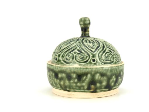 Custom Made Green Ash Hand Carved Lidded Jar Heart Leaf Drip Black Interior Wheel Ceramic Stoneware Pottery