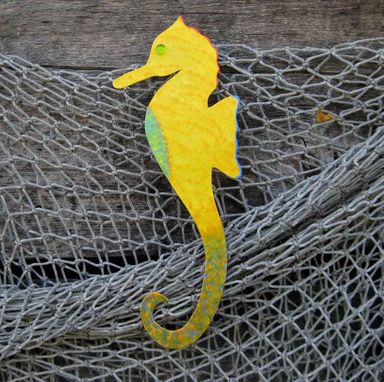 Custom Made Handmade Upcycled Metal Seahorse Wall Art Sculpture In Yellow