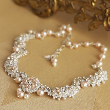 Custom Made Garland Of Roses Necklace | Silver Lace Bridal Collar With Pink Pearls