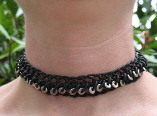 Custom Made Jewelry: Black Leather Braided Choker With Silver Beads