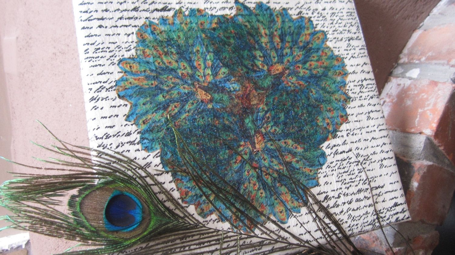 Handmade Peacock Decoupage Napkin Art On Canvas 10 X 10 Inches by