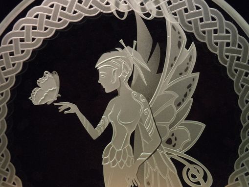 Custom Made Fairy With Butterfly - Celtic Knotwork Etched Glass Decorative Art Tabletop Display
