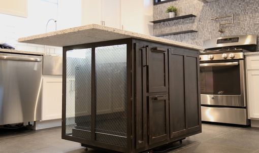 Custom Made Industrial Chic Steel Kitchen Island With Wire Glass