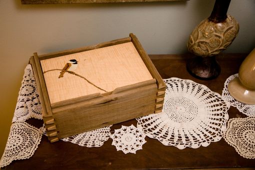 Custom Made Reclaimed Barnwood Jewelry Box, Hand-Cut Protruding Dovetails, And Chickadee Marquetry Inlay