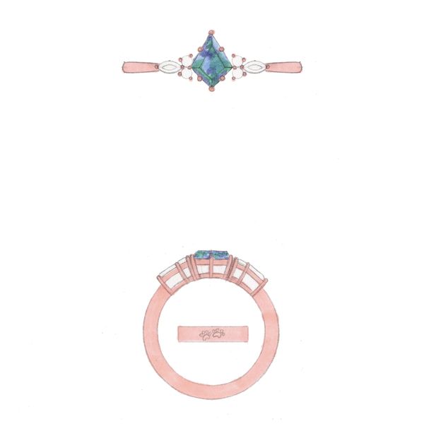 A rose gold band holds a lab-grown alexandrite as its center stone.