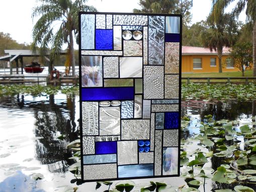 Custom Made Stained Glass Panel Shades Of Blue Crazy Quilt Patchwork Geometric Stained Glass Window Transom