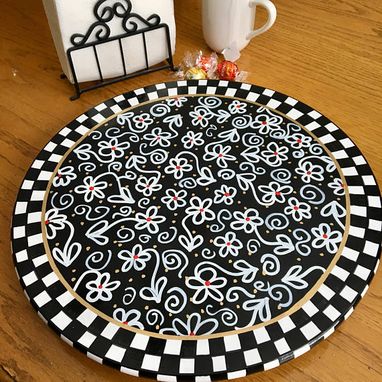 Custom Made Whimsical Painted Lazy Susan Turntable, Black White Lazy Susan, Hand Painted Lazy Susan Checkered