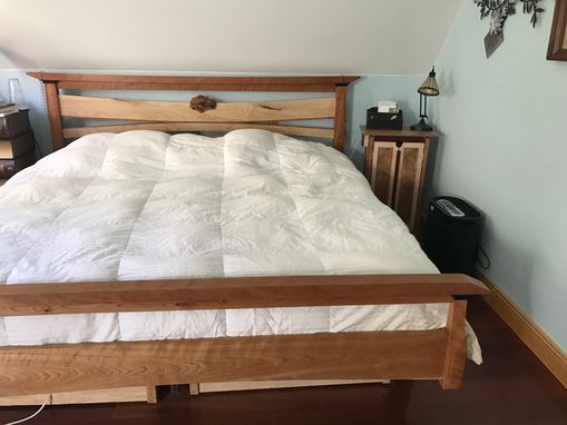 Custom Made King Sized Cherry Bed With Curly Maple Headboard And Large Storage