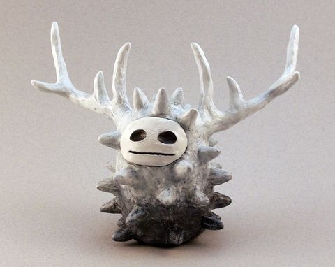 Custom Made Clay Spirit Sculpture, Monster Figurine, White And Gray Forest Spirit Art Object With Antlers