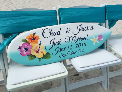 Custom Made Beach Hawaiian Wedding Photography Decor, Hibiscus Just Married Sign.