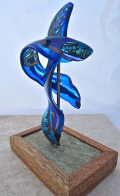 Custom Made Fused Glass Sculpture - Two Azure Dragons -Quinglong
