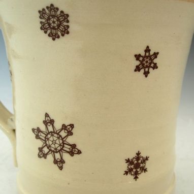 Custom Made Ceramic Mug With Snowflakes In Cream And Red
