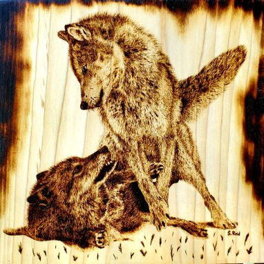 Custom Made Two Wolves Wood Burning