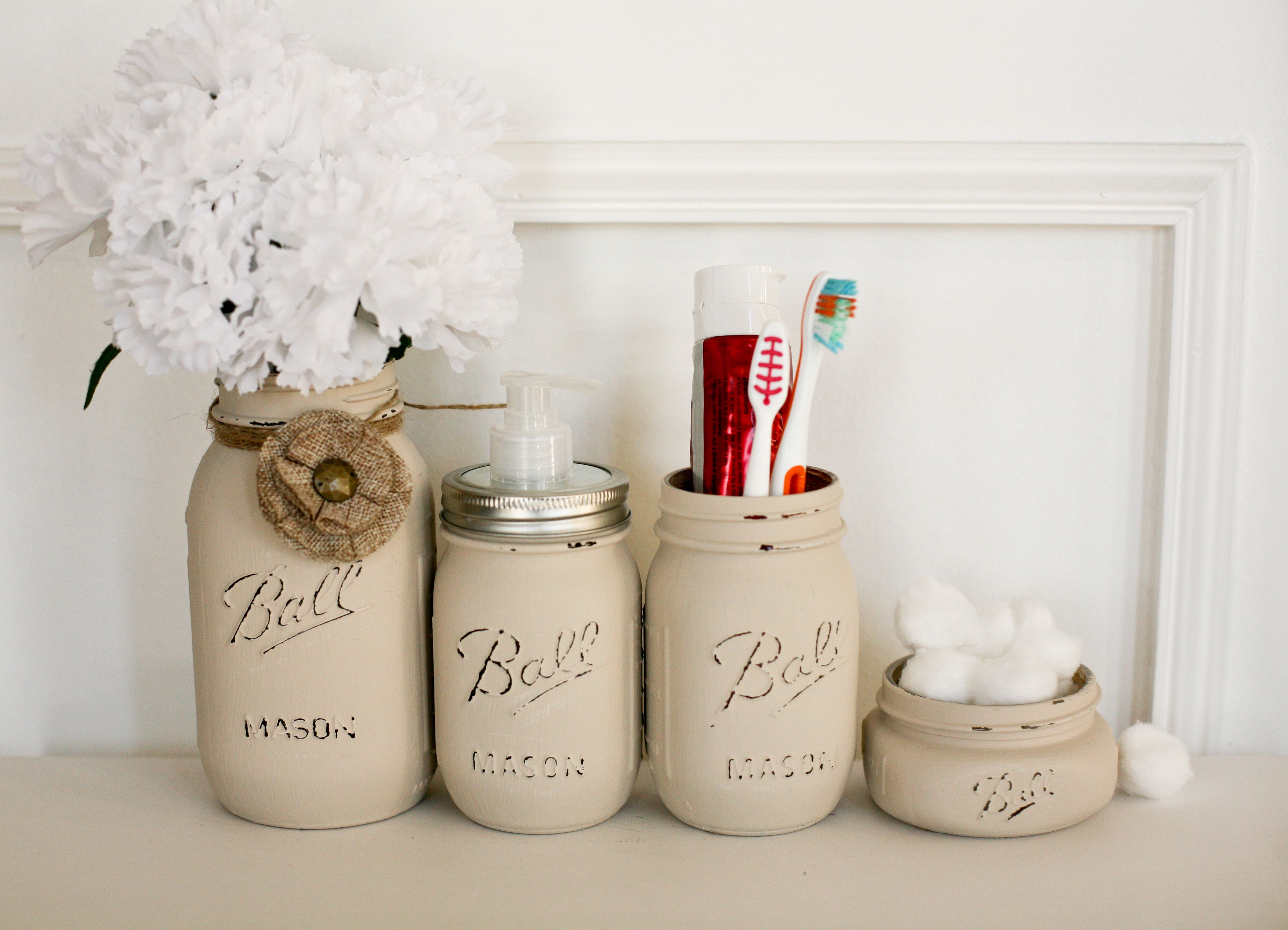 Diy painted mason jar bathroom set