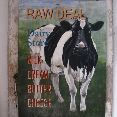 Custom Made Black And White Cow Sign  Painted On Repurposed Woodpanels