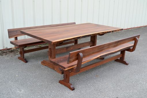 Custom Made Live Edge Walnut Trestle Table And Bench Set