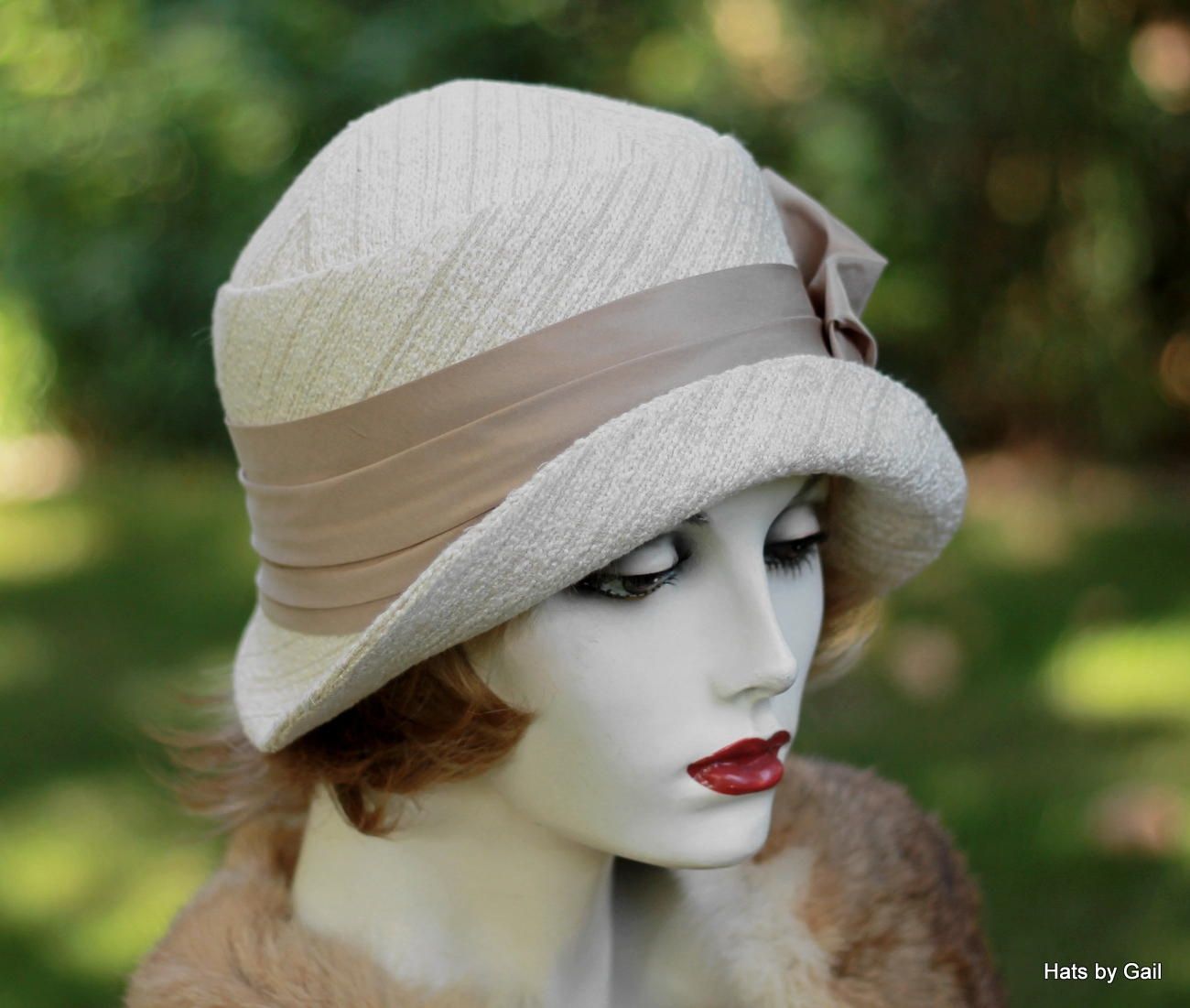 Hand Crafted 1920'S Cloche Hat In Ivory And Taupe Heavy Textured Fabric ...