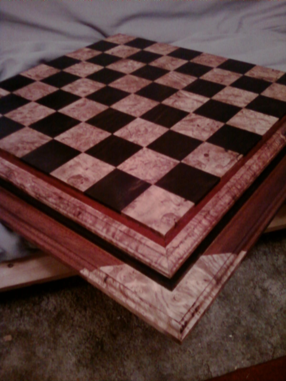 Hand Crafted Ebony, Maple Burl, Mahogany, And Padouk Chess Board 