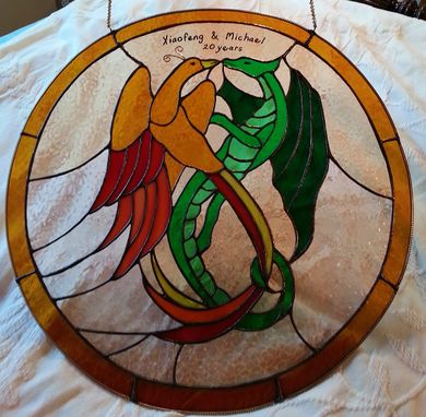 Custom Made Dragon And Phoenix Anniversary Stained Glass Window