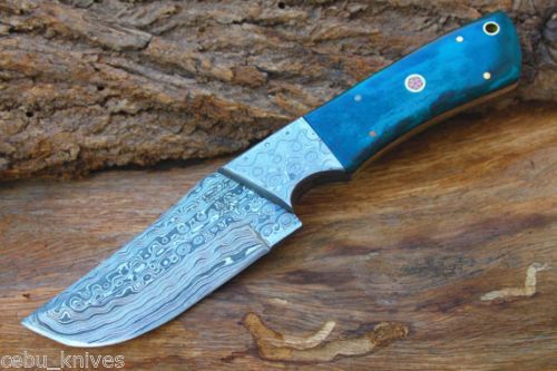 Custom Made Damascus Blade Handmade 4.0" Hunting Knife W/ Damascus Bolsters,Dyed Bone