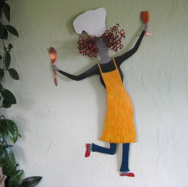 Custom Made Large Chef Art Sculpture Hand Painted Dancing Lady Wallor Reclaimed Metal Red Head 19 X 31