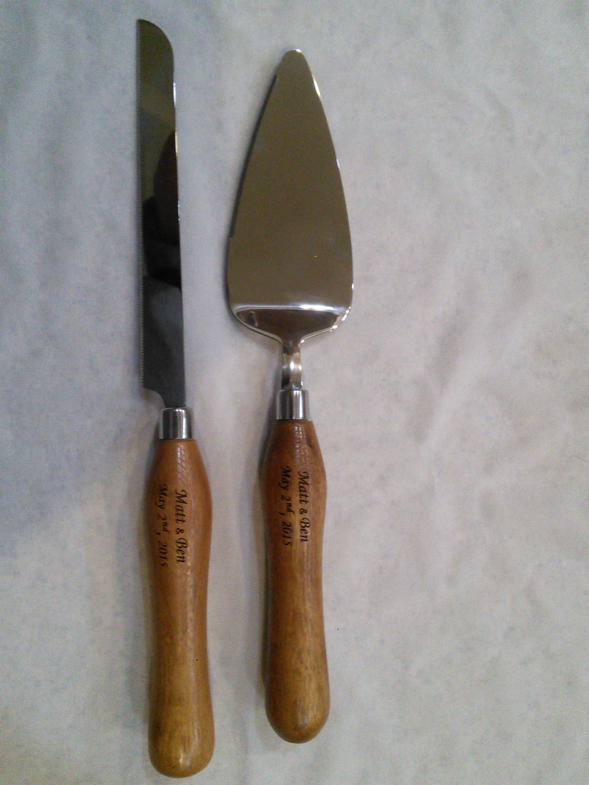 Hand Crafted Wedding Cake Serving Set Engraved Wood Handles by The
