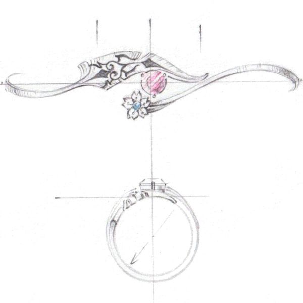 Our design sketch for an anime-inspired ring with a feather and cherry blossom.