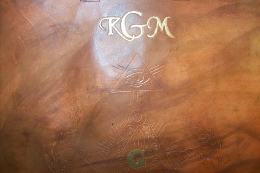 Custom Made Custom Leather Mason Apron Case With Clients Masonic Design In Weathered Color