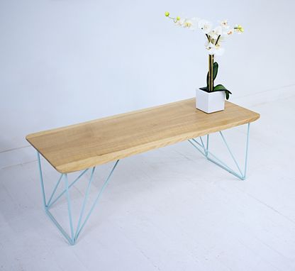 Custom Made The Mojito: Curly Oak Coffee Table With Mint Steel Legs.