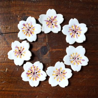 Custom Made 7 Sakura Buttons White Pink Cherry Blossoms Stoneware Porcelain Handbuilt Ceramic By Gemfox Sra Usa