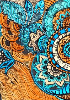 Custom Made Paisley Fine Art Print Reproduction 5x7 Black Ink And Acrylic Painting Blue Brown Peach By Devikasar