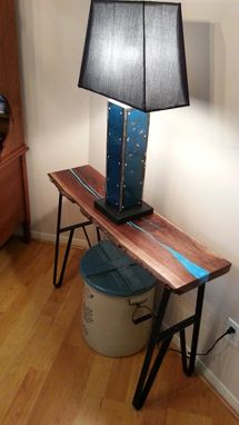Custom Made Live Edge Walnut Slab Table With Turquoise Inlay