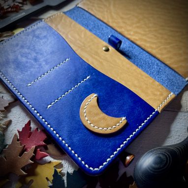 Custom Made Italian Leather Scorecard Holder For Golf In Royal Blue & Natural Tan Leather