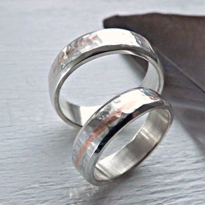 A Handmade Rustic Wedding Ring Set Silver Matching Promise Unique Silver Wedding Band Set With Copper Inlay Matching Promise Rings His And Hers By