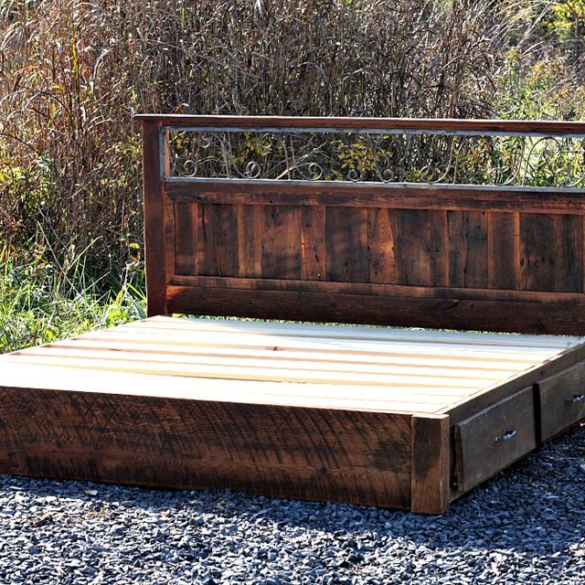 Custom Rustic Platform Storage Bed In Solid Reclaimed Oak And Custom Rustic Platform Storage Bed In Solid Reclaimed Oak And Wrought Iron 4 Drawers Made To Order From The Strong Oaks Wood Custommade Com