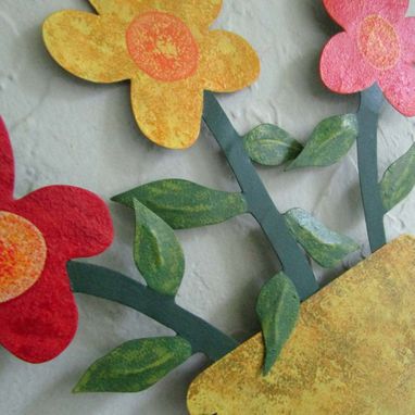 Custom Made Handmade Upcycled Metal Flowerpot With Yellow, Red, And Orange Flowers Wall Art Sculpture