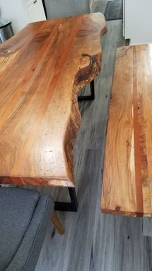 Custom Made Live Edge Solid Spalted Pecan And Cherry Dining Table And Benches With Industrial Metal Legs