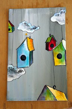 Custom Made Floating Village- Bird Houses Tied To The Gray Sky - White Menacing Clouds Floating