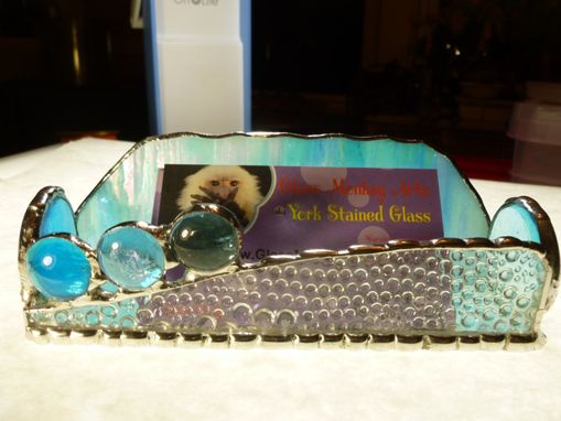 Custom Made Iridescent Blue Stained Glass Business Card Holder With Agate