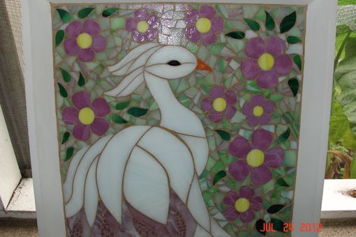 Custom Made Mosaic Stained Glass White Bird Surrounded By Pink Flowers With Soft Green Backround