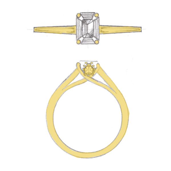A cathedral setting pairs nicely with a trellis setting to add interest to the side profile of this emerald cut engagement ring.