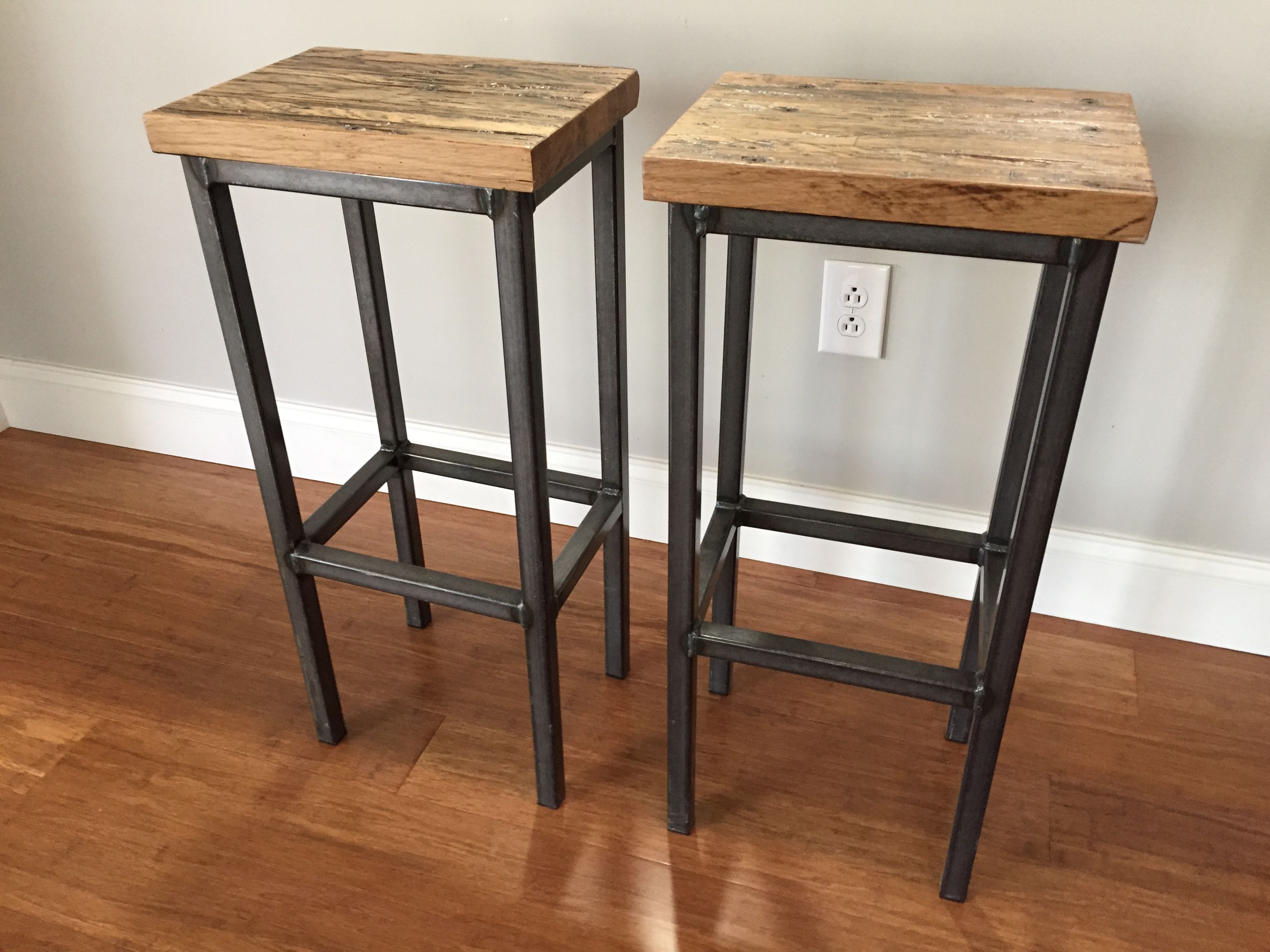 Buy Hand Made Reclaimed Oak Wood Bar Stools W/Steel Frames - Handmade ...